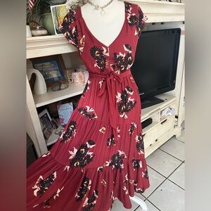 Free People All I Got Floral Printed Red Tired Brick Red Maxi Dress 0 NWT $168
